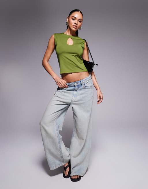 ASOS DESIGN keyhole tank top in slinky in khaki