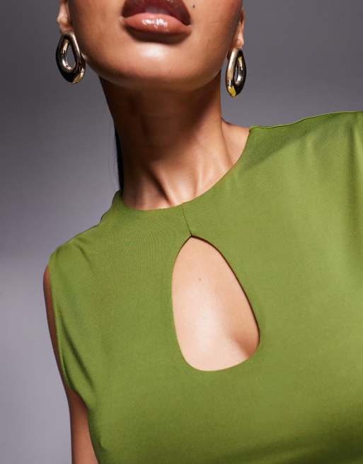 ASOS DESIGN keyhole tank top in slinky in khaki