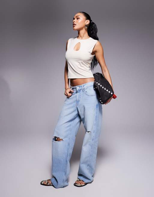 ASOS DESIGN keyhole tank top in slinky in stone