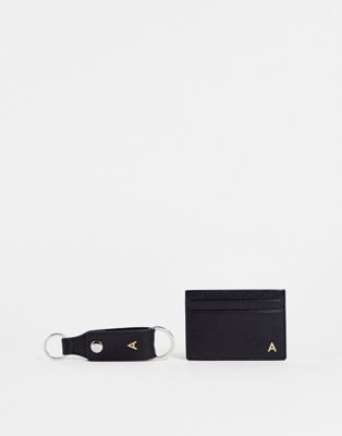 ASOS DESIGN keyring and card holder set in leather with A initial