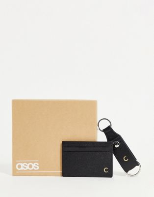 ASOS DESIGN keyring and card holder set in leather with C initial