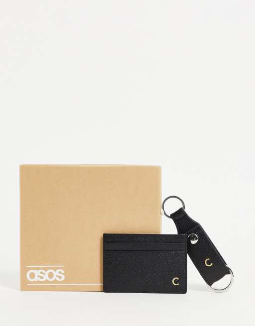 ASOS DESIGN keyring and card holder set in leather with C initial ASOS
