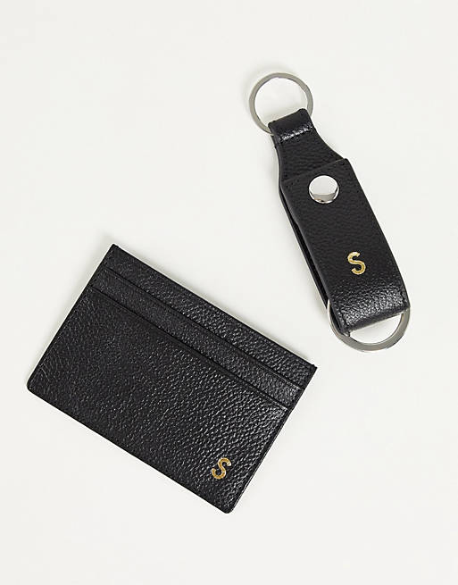Gifts keyring and card holder set in leather with S initial 