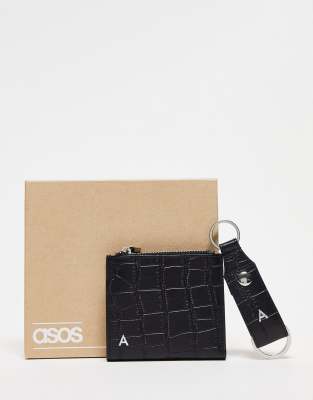 ASOS DESIGN keyring and wallet set in leather with A initial  - ASOS Price Checker