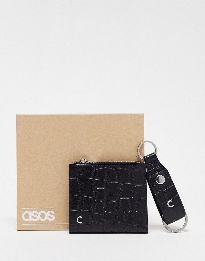 ASOS DESIGN keyring and wallet set in leather with C initial-Black