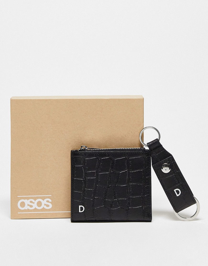 ASOS DESIGN keyring and wallet set in leather with D initial-Black