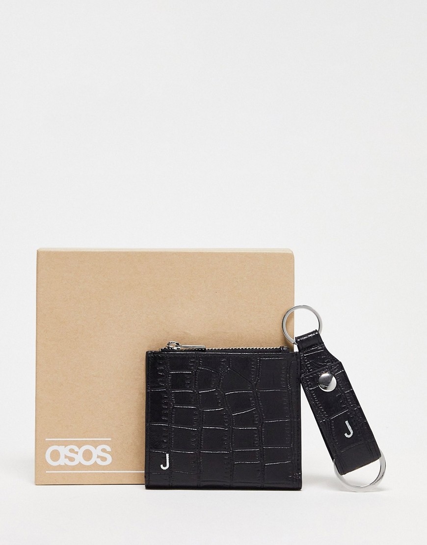 ASOS DESIGN keyring and wallet set in leather with J initial-Black