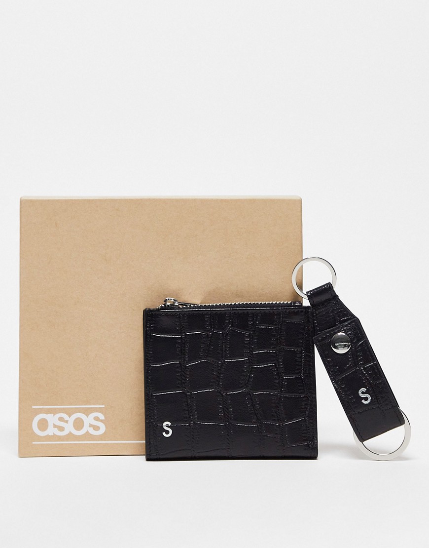 ASOS DESIGN keyring and wallet set in leather with S initial-Black