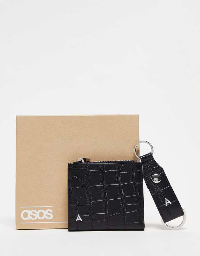 ASOS DESIGN keyring and wallet set in real leather with A initial