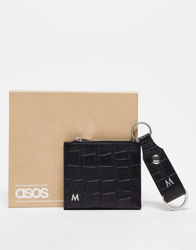 ASOS DESIGN keyring and wallet set in real leather with M initial