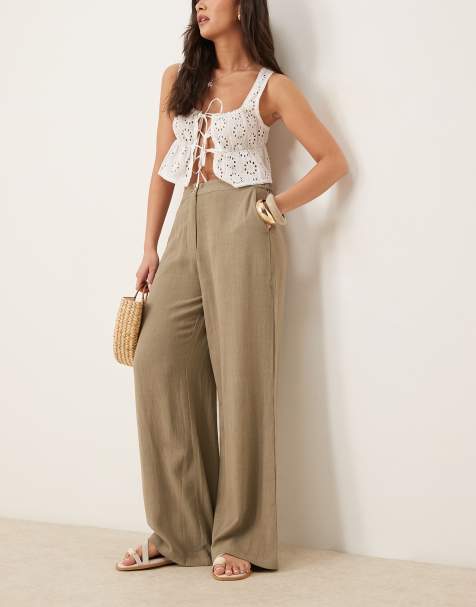 ASOS DESIGN - Khaki afslappede bukser med lige ben i hørblanding - view 1