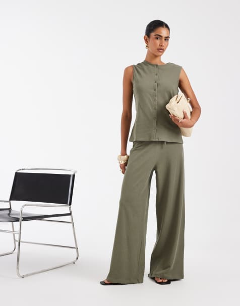 ASOS DESIGN - Khaki bukser med brede ben og tekstur - Del af sæt - view 1
