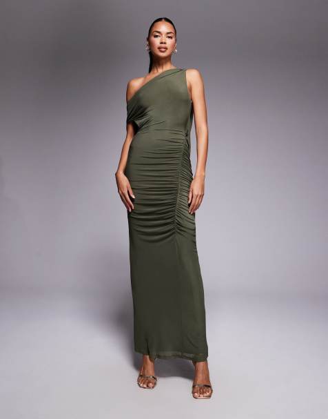 ASOS DESIGN - Khaki maxikjole med rynker og draperet ryg i mesh - view 1