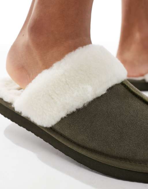 ASOS DESIGN - Khaki mule-hjemmesko i ruskind med for af imiteret lammeskind, 4 af 4