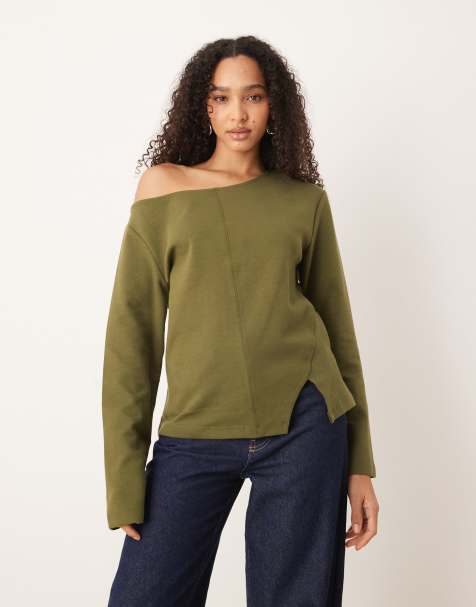 ASOS DESIGN - Khaki offshoulder-T-shirt med lange ærmer og interlock-sømme foran - view 1