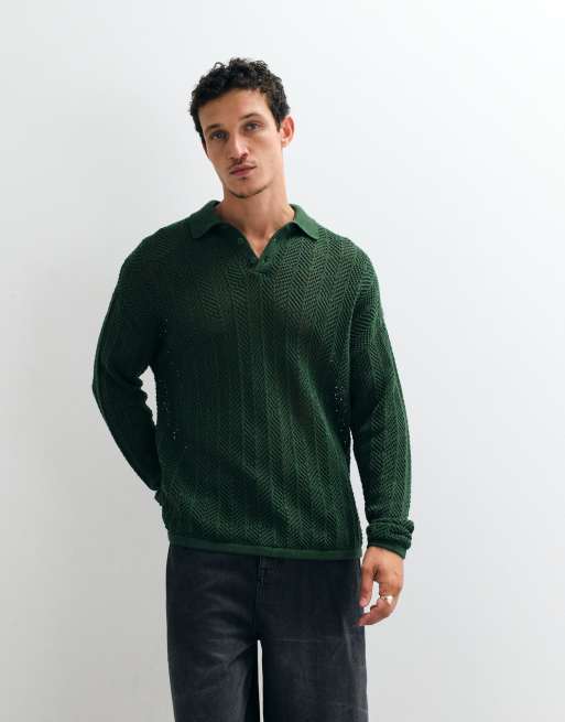 ASOS DESIGN - Khaki oversized polo-striktrøje med lange ærmer og hæklede detaljer, 3 af 5