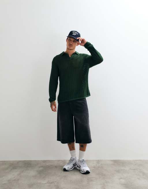 ASOS DESIGN - Khaki oversized polo-striktrøje med lange ærmer og hæklede detaljer, 4 af 5
