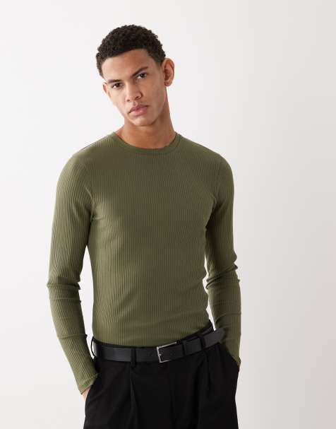 ASOS DESIGN - Khaki ribstrikket tætsiddende T-shirt med lange ærmer i kraftigt stof - view 1