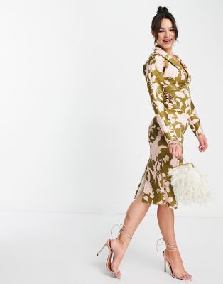 mid pink textured shirred frill puff sleeve midi dress