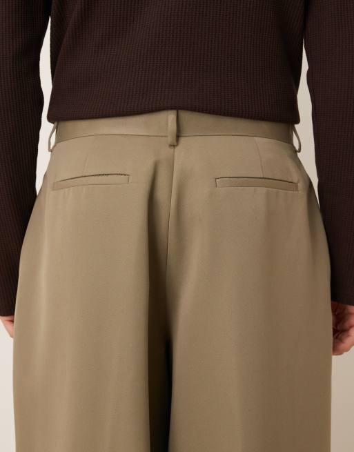 ASOS DESIGN - Khaki skræddersyede bukser med brede barrel-ben og plisseringer, 5 af 5