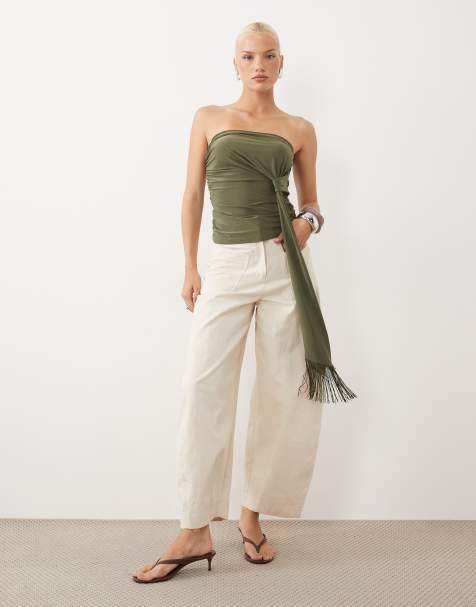 ASOS DESIGN - Khaki tætsiddende bandeau-croptop med draperet frynsedetalje - view 1