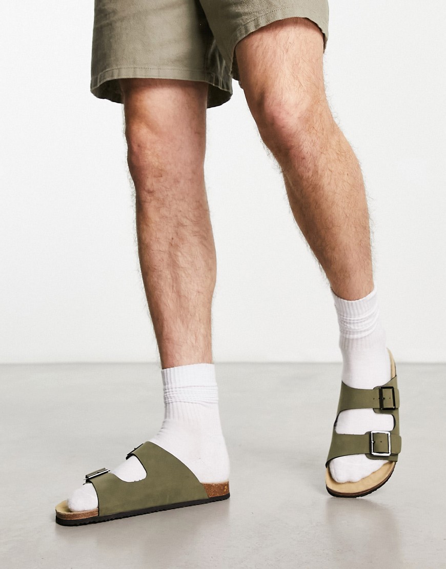 ASOS DESIGN khaki two strap sandals in faux suede-Green