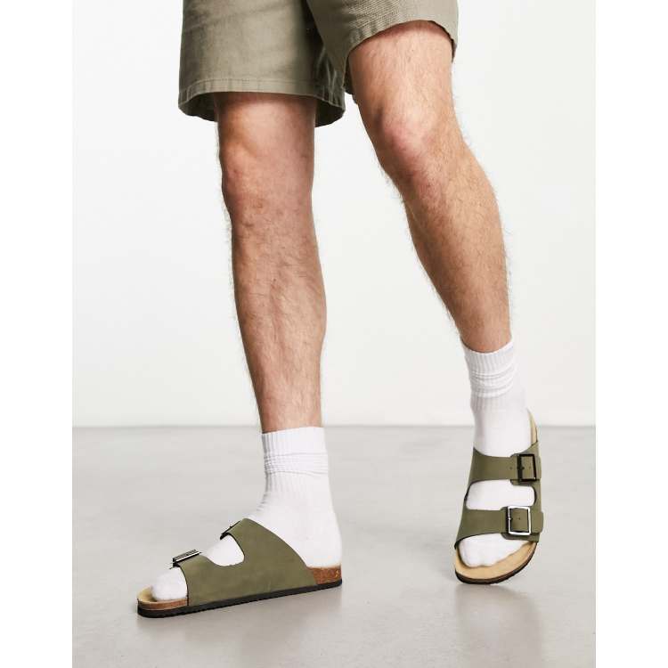 ASOS DESIGN khaki two strap sandals in faux suede