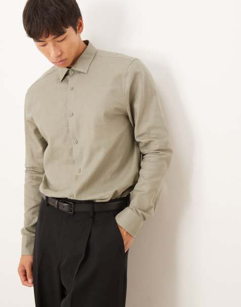 ASOS DESIGN – Khakifärgad, formell skjorta i linnemix och regular fit - view 1