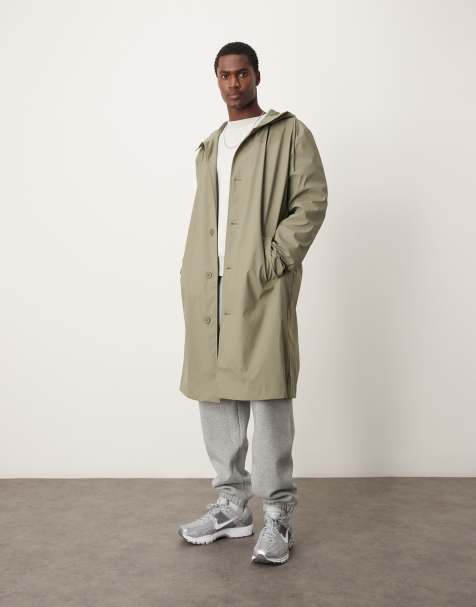 ASOS DESIGN – Khakifärgad, gummerad trenchcoat med huva - view 1