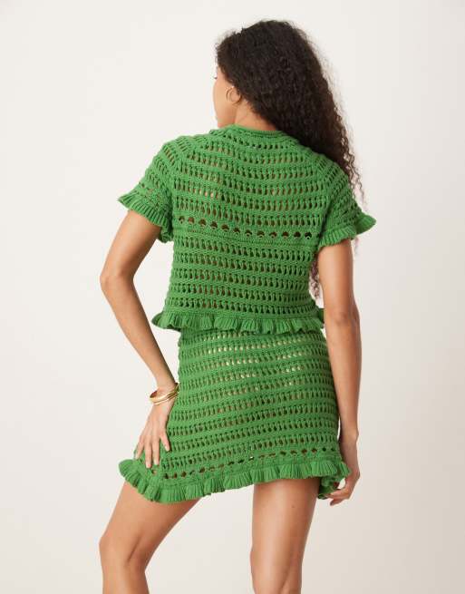 ASOS DESIGN – Khakifärgad, hålstickad t-shirt med virkade applikationer, del av set, 3 av 4