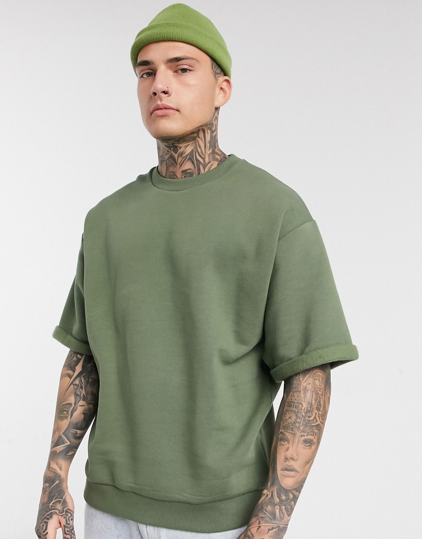 ASOS DESIGN – Khakifärgad kortärmad t-shirt i oversize och supertungt material-Grön