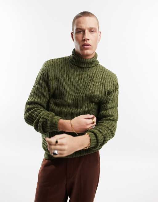 ASOS DESIGN – Khakifärgad kraftig ribbstickad fiskartröja med polokrage