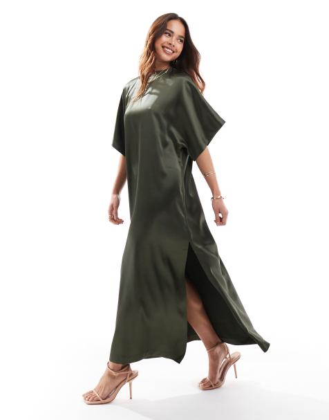 ASOS DESIGN – Khakifärgad, lång t-shirtklänning i satin - view 1