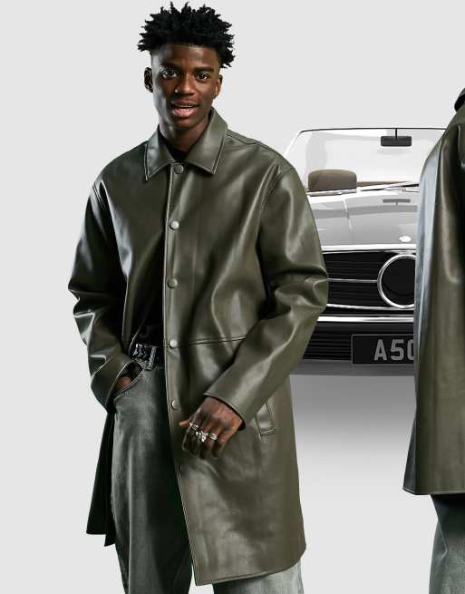 ASOS DESIGN – Khakifärgad, lång trenchcoat i läderimitation