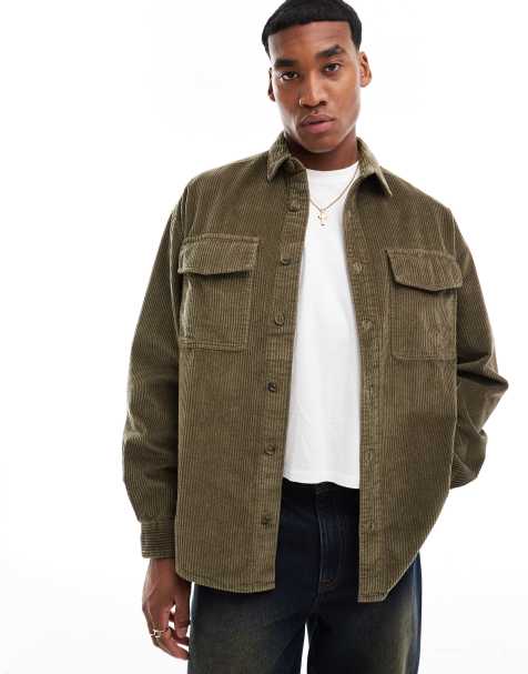 ASOS DESIGN – Khakifärgad manchesterskjorta i oversize och 90-talsstil med påsydd ficka - view 1