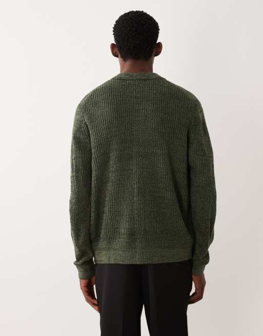 ASOS DESIGN – Khakifärgad, melerad, ribbstickad kofta i relaxed fit med knäppning, 3 av 5
