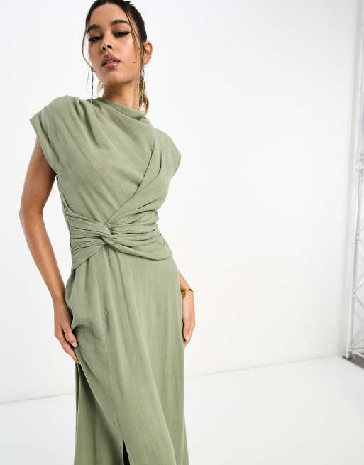 ASOS DESIGN – Khakifärgad midiklänning i linnetyg med hög krage och snurrad knut framtill, 3 av 4