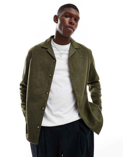 ASOS DESIGN – Khakifärgad overshirt i borstad yllemix med platt krage - view 1