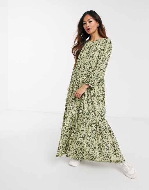 ASOS DESIGN – Khakifärgad panelsydd maxiklänning i leopardmönster