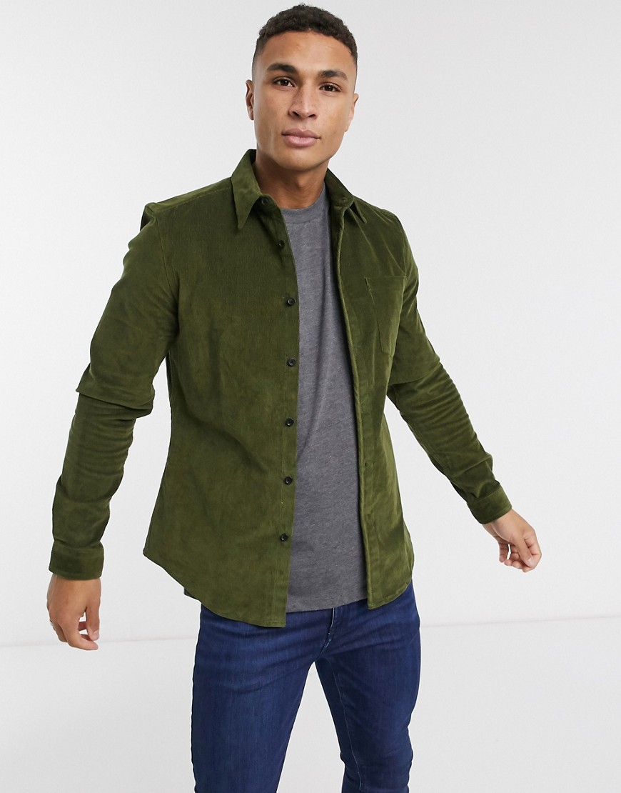 ASOS DESIGN – Khakifärgad smal manchesterskjorta med stretch-Grön