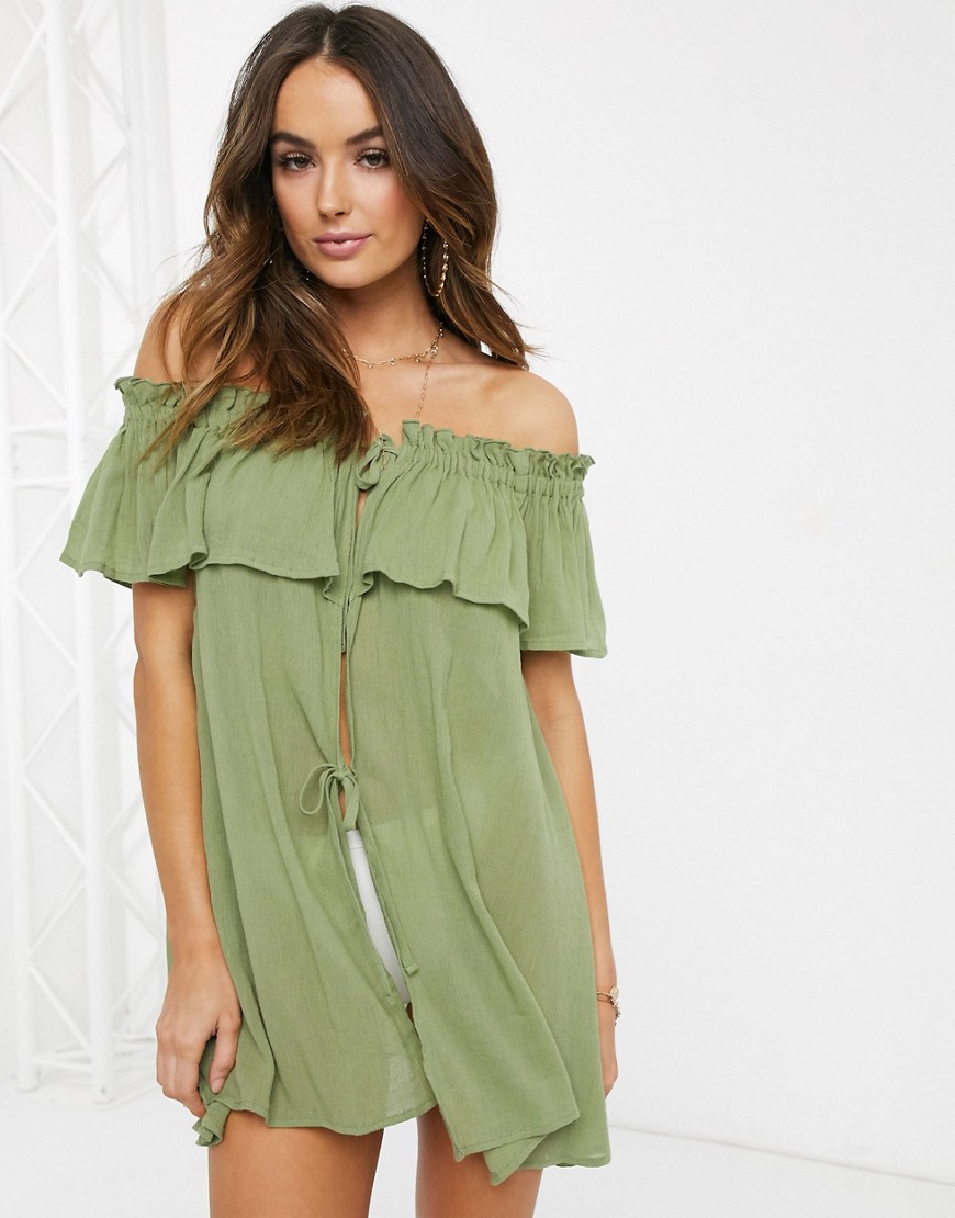 ASOS DESIGN – Khakifärgad strandklänning i flera lager med volang-Grön
