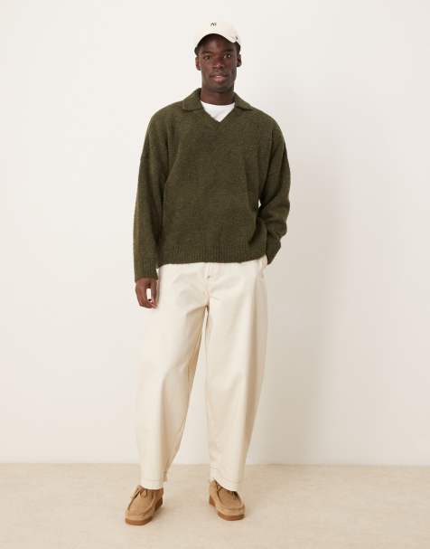 ASOS DESIGN – Khakifärgad, strukturstickad tröja i oversize med boxig passform och v-ringning med krage - view 1