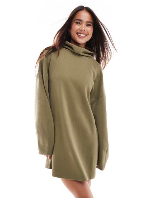 ASOS DESIGN – Khakifärgad, supermjuk miniklänning med kokongärmar och ståkrage, 4 av 4