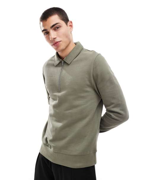 ASOS DESIGN – Khakifärgad sweatshirt med pikékrage och dragkedja - view 1