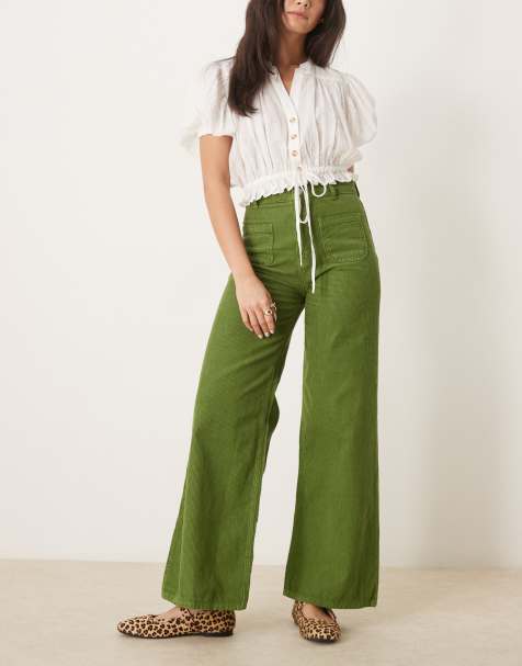 ASOS DESIGN – Khakifärgade byxor i manchester med vida ben och påsydda fickor - view 1