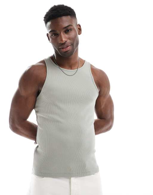 ASOS DESIGN – Khakifärgat, ribbat linne i muscle fit