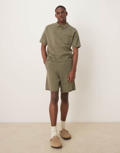 ASOS DESIGN Khakifärgat, stickat set med shorts i medelkraftig bomull - view 1