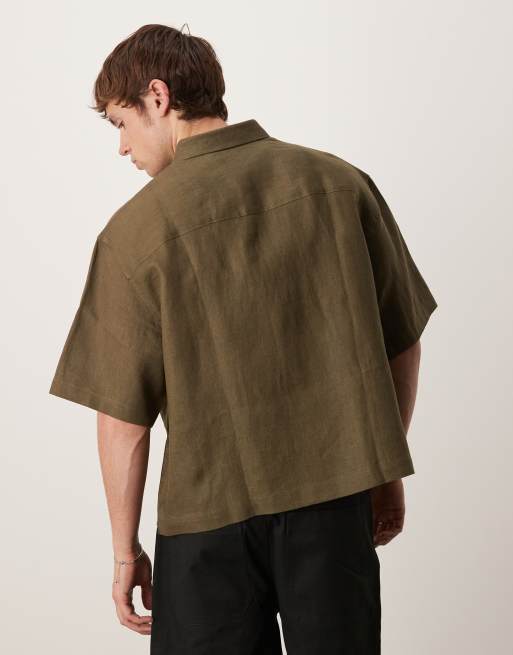 ASOS DESIGN - Khakifarvet firkantet oversized skjorte i 100% hør, 3 af 4