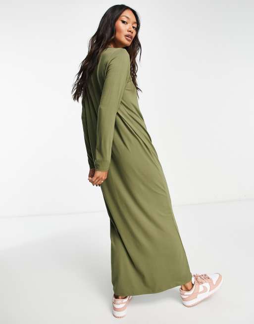 ASOS DESIGN - khakifarvet maxi-t-shirtkjole med lange ærmer, 2 af 4