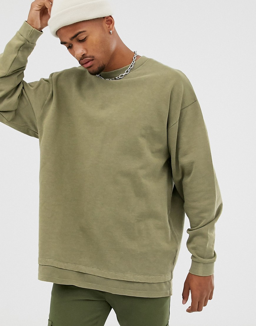 ASOS DESIGN — Khakifarvet oversized sweatshirt med T-shirt kant-Grøn